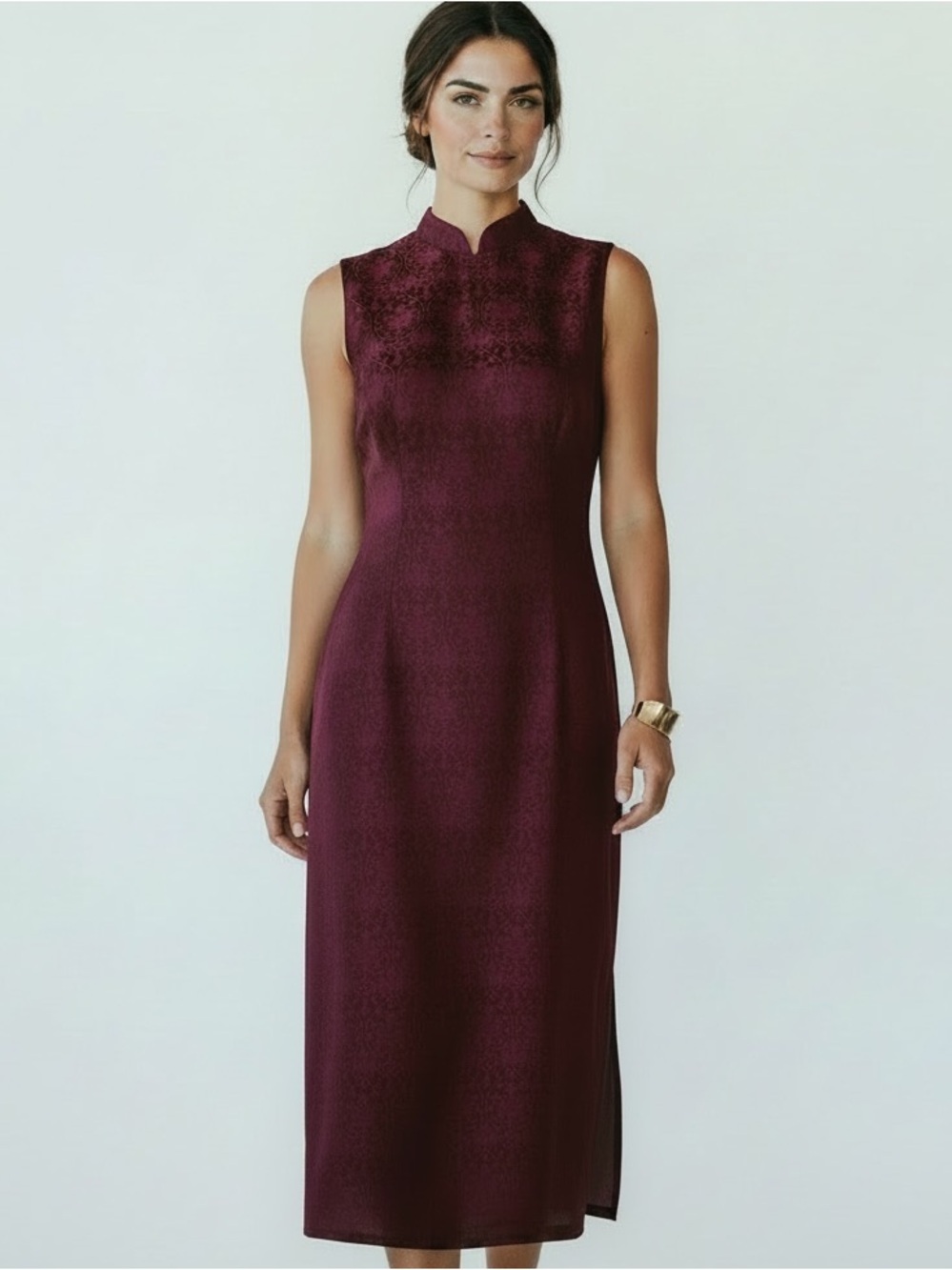 Sarah Chapman Silk Vintage Cheongsam Burgundy 80’s Sleeveless Dress Women’s SZ14